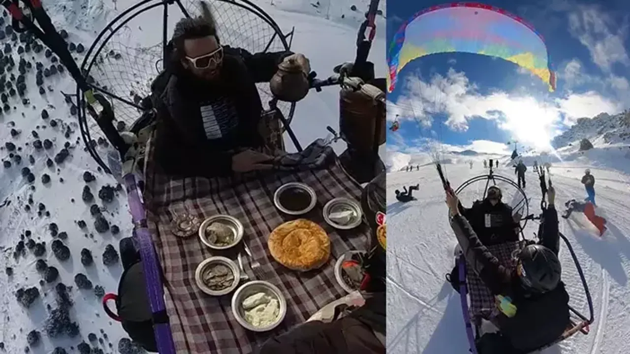 Paraşütçüler gökyüzünde kahvaltı yaptı