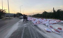 Tırın lastiği patladı un çuvalları yola savruldu