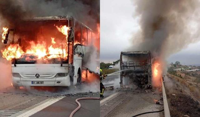 Yolcu otobüsü otoyolda alev alev yandı