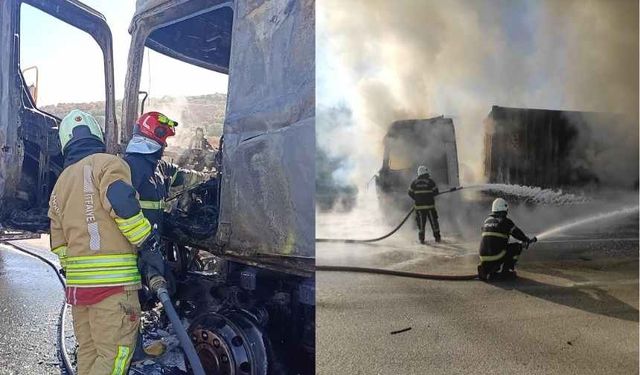 Kahramanmaraş’ta yanan TIR’dan geriye demir yığını kaldı