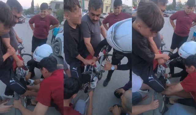 Kahramanmaraş’ta ayağı bisiklete sıkışan çocuğun yardımına Yunus polisleri yetişti