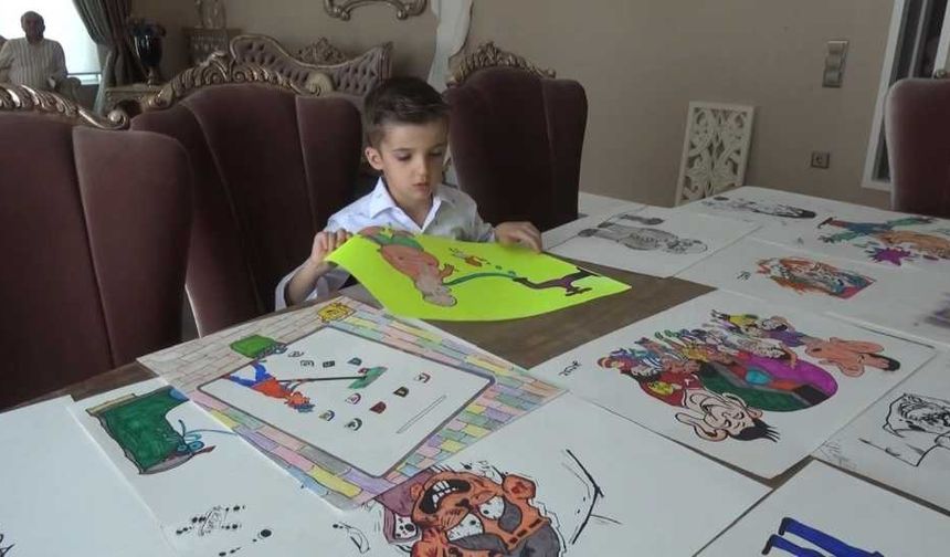 Kahramanmaraş'ta 7 yaşındaki minik karikatürist il birincisi oldu