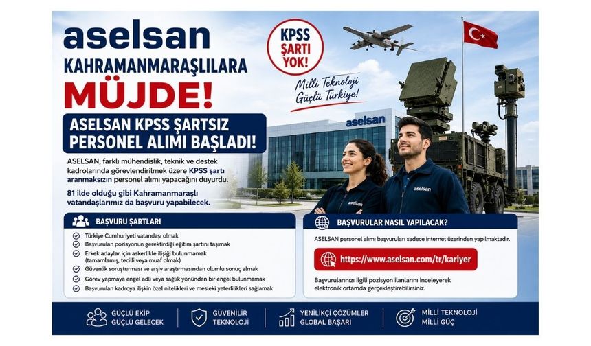 Kahramanmaraşlılara Müjde! ASELSAN KPSS Şartsız Personel Alımı Başladı: Başvuru İçin Tıkla