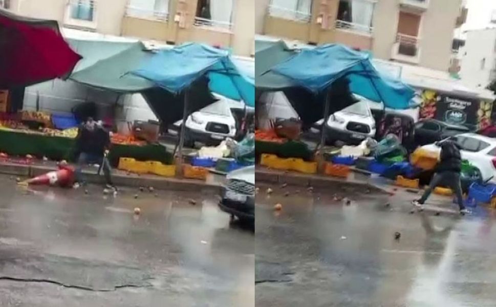 Sinir krizi geçiren manav ortalığı birbirine kattı