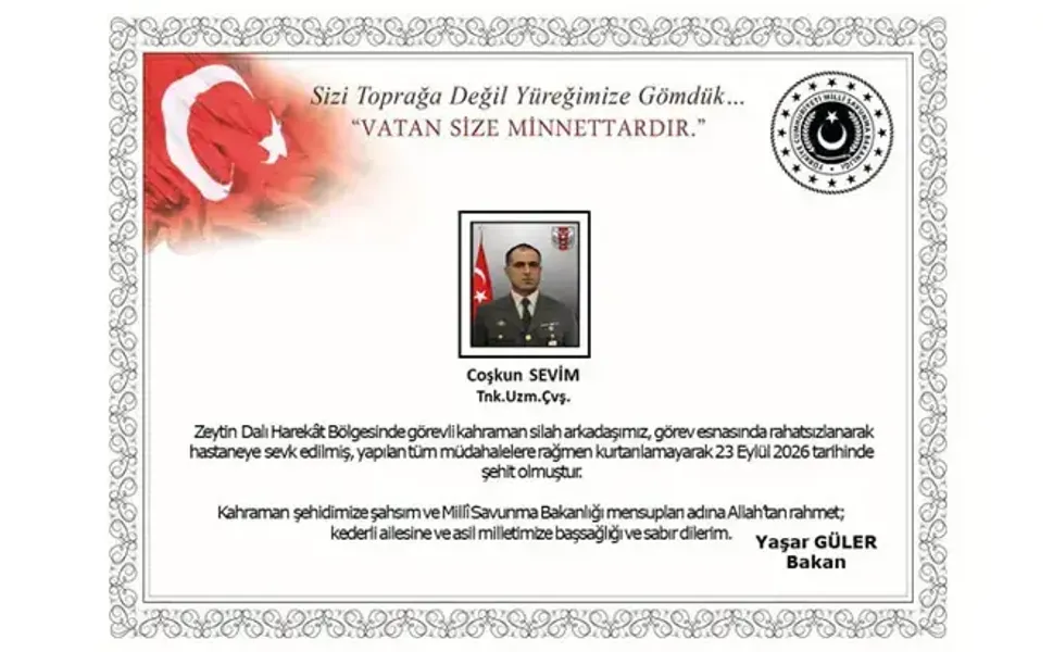 Zeytin Dalı Harekat bölgesinde görevi sırasında rahatsızlanan asker şehit oldu