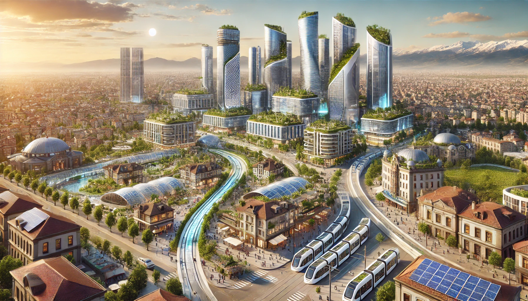 Dall·e 2024 10 01 14.22.51 A Futuristic Cityscape Of Kahramanmaraş 10 Years Into The Future. The City Features A Harmonious Blend Of Modern Architecture And Traditional Turkish