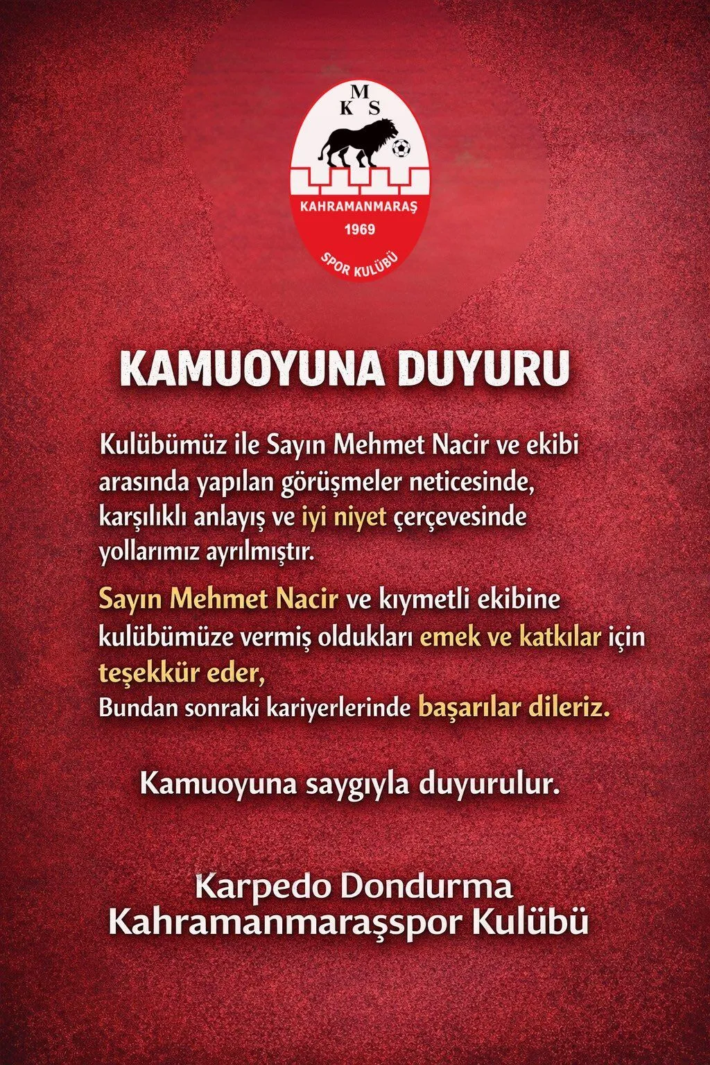 Kahramanmarassporda Teknik Direktor Mehmet Nacir